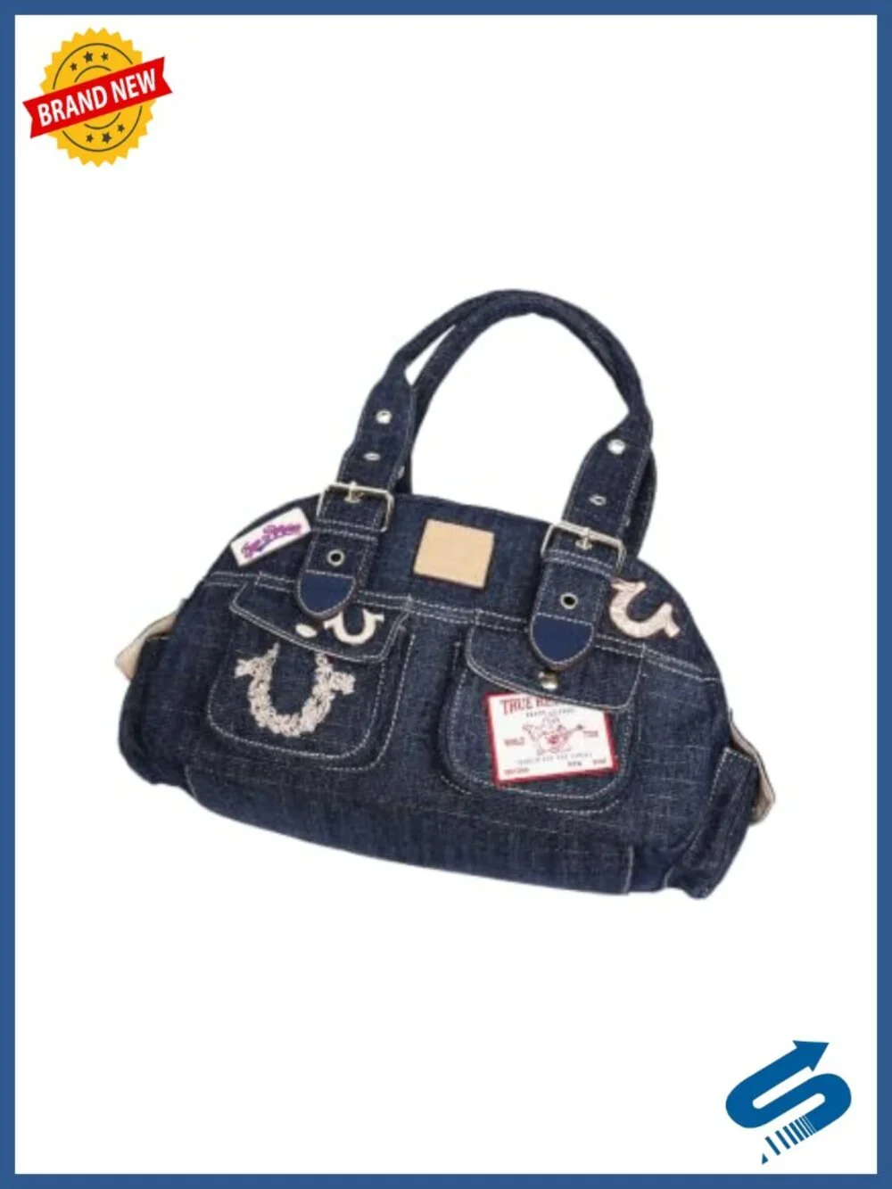 Designer Denim Satchel with Embroidered Horseshoes and Patches